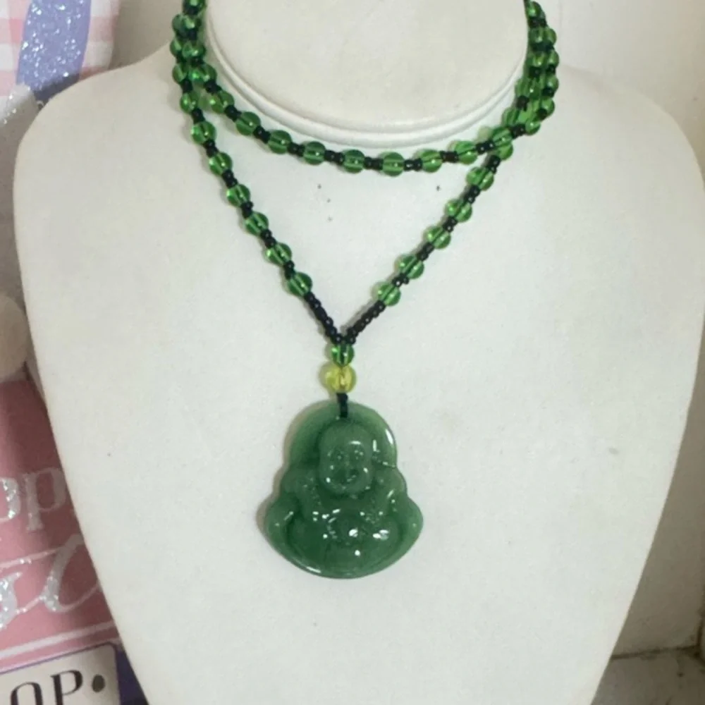 Green Beaded Buddha Pendant Necklace